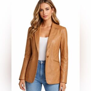 BCBG Leather Single Button Blazer in Camel